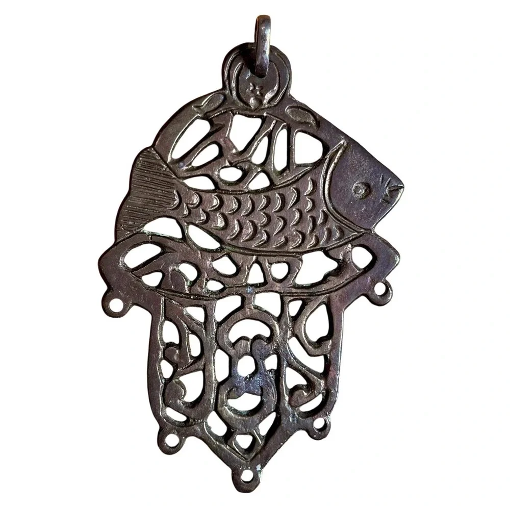 Vintage Brass Hamsa Wall Hanging Fish Mid Century Israeli Judaica Boho Spiritual